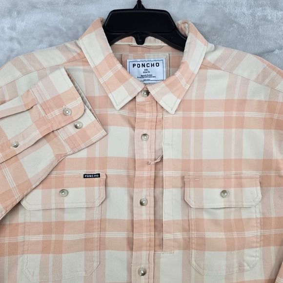 Poncho performance flannel Shirt Mens XXL Peach Plaid Magnetic Pockets Slim Fit